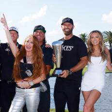 DORAL, FLORIDA - OCTOBER 30: (L-R) Ally Gooch, Talor Gooch, Ashley Perez, Pat Perez, Team Captain Dustin Johnson, Paulina Gretzky, Patrick Reed of 4 Aces GC, and Justine Karain celebrate with the championship trophy after winning during the team championship stroke-play round of the LIV Golf Invitational - Miami at Trump National Doral Miami on October 30, 2022 in Doral, Florida. (Photo by Chris Trotman/LIV Golf via Getty Images)