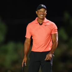 BELLEAIR, FLORIDA - DECEMBER 10:  Tiger Woods of the United States reacts on the seventh green during The Match 7 at Pelican Golf Club on December 10, 2022 in Belleair, Florida. (Photo by Mike Ehrmann/Getty Images for The Match)