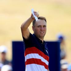 ROME, ITALY - OCTOBER 01: Justin Thomas of The United States team prepares to play his second shot on the first hole in his match against Sepp Straka during the Sunday singles matches of the 2023 Ryder Cup at Marco Simone Golf Club on October 01, 2023 in Rome, Italy. (Photo by David Cannon/Getty Images)