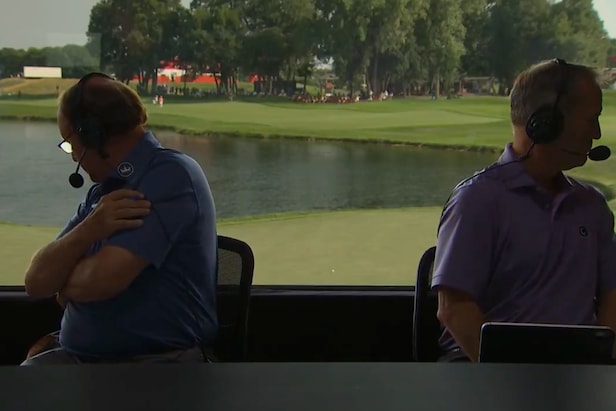 Watch Golf Channel analysts get startled by a PGA Tour pro's errant shot off TV tower
