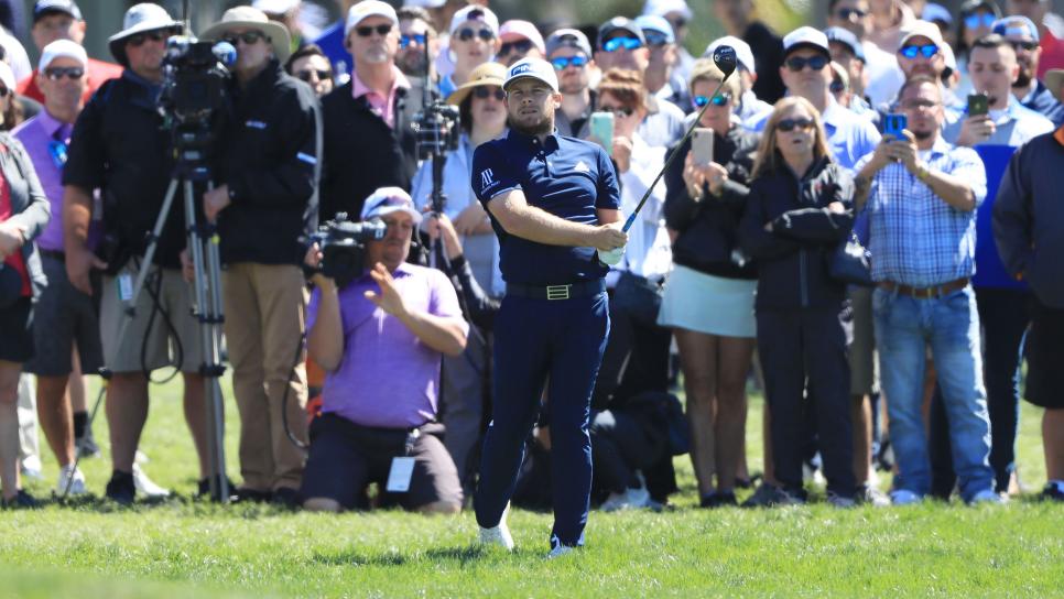 ORLANDO, FLORIDA - MARCH 07: Tyrrell Hatton of England plays his second shot on the first hole during the third round of the Arnold Palmer Invitational Presented by MasterCard at the Bay Hill Club and Lodge on March 07, 2020 in Orlando, Florida. (Photo by Sam Greenwood/Getty Images)