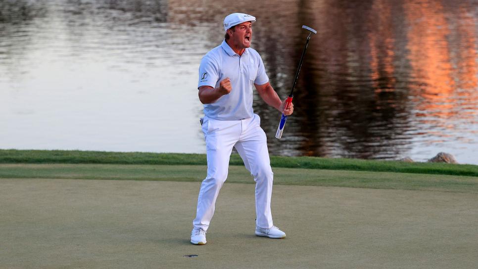 ORLANDO, FLORIDA - MARCH 07: Bryson DeChambeau of the United States celebrates making his putt on the 18th green to win during the final round of the Arnold Palmer Invitational Presented by MasterCard at the Bay Hill Club and Lodge on March 07, 2021 in Orlando, Florida. (Photo by Sam Greenwood/Getty Images)
