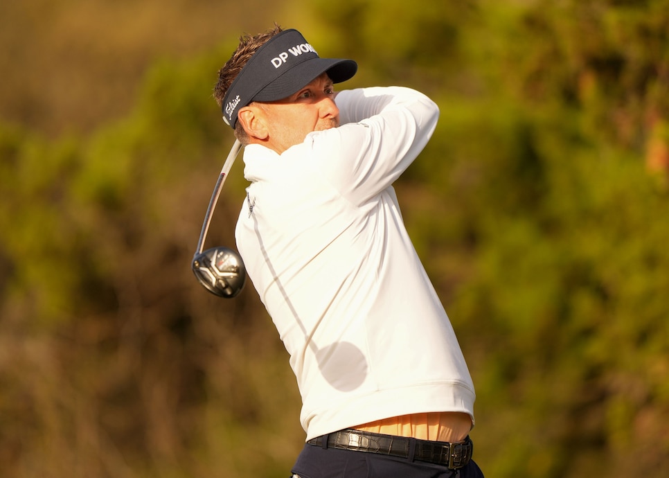 AUSTIN, TEXAS - MARCH 24: Ian Poulter of England plays his shot on the fifth tee in his match against Rory McIlroy of Northern Ireland during the first round of the World Golf Championships-Dell Technologies Match Play at Austin Country Club on March 24, 2021 in Austin, Texas. (Photo by Darren Carroll/Getty Images)