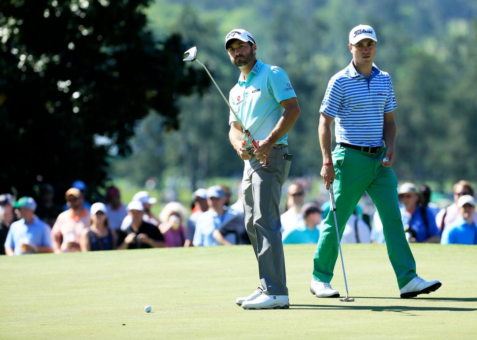 Kevin Kisner and Justin Thomas prepare to putt on the No. 1 green during Practice Round 3 for the Masters at Augusta National Golf Club, Wednesday, April 10, 2019.  (Photo by Augusta National via Getty Images)