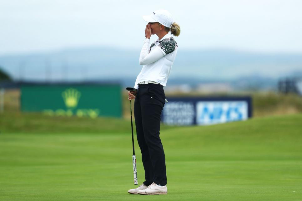 TROON, SCOTLAND - AUGUST 23: Sophia Popov of Germany reacts after missing a putt on the 18th green during Day Four of the 2020 AIG Women's Open at Royal Troon on August 23, 2020 in Troon, Scotland. (Photo by Matthew Lewis/R&A/R&A via Getty Images)