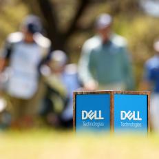 AUSTIN, TEXAS - MARCH 25: A detailed view of a Dell tee marker on the eighth tee during the second round of the World Golf Championships-Dell Technologies Match Play at Austin Country Club on March 25, 2021 in Austin, Texas. (Photo by Darren Carroll/Getty Images)