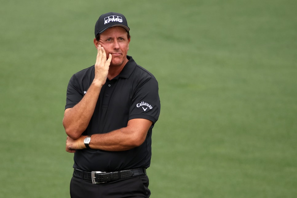 AUGUSTA, GEORGIA - APRIL 09: Phil Mickelson of the United States reacts after playing a shot on the second hole during the second round of the Masters at Augusta National Golf Club on April 09, 2021 in Augusta, Georgia. (Photo by Kevin C. Cox/Getty Images)