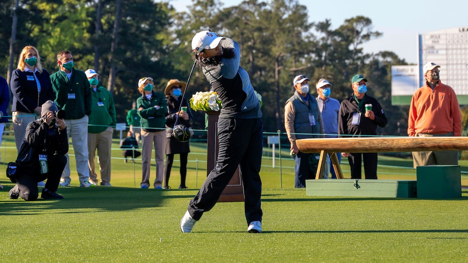 Hanna Alberto of the United States plays her stroke from the No. 1 tee dfuring the final round of the Augusta National Women's Amateur, Saturday, April 3, 2021.