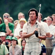 AUGUSTA, GA - APRIL 1981:  Isao Aoki watches his shot in front of a small gallery during the 1981 Masters Tournament at Augusta National Golf Club on April 1981 in Augusta, Georgia. (Photo by Augusta National/Getty Images)