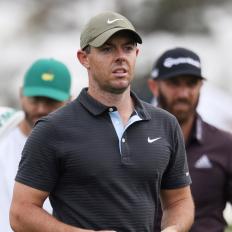 AUGUSTA, GEORGIA - NOVEMBER 11: Rory McIlroy of Northern Ireland and Dustin Johnson of the United States look on after playing their shots on the third tee during a practice round prior to the Masters at Augusta National Golf Club on November 11, 2020 in Augusta, Georgia. (Photo by Rob Carr/Getty Images)