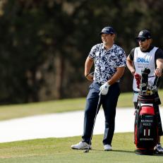 AUSTIN, TEXAS - MARCH 24: Patrick Reed of the United States speaks to his caddie on the sixth hole in his match against Bubba Watson of the United States during the first round of the World Golf Championships-Dell Technologies Match Play at Austin Country Club on March 24, 2021 in Austin, Texas. (Photo by Michael Reaves/Getty Images)