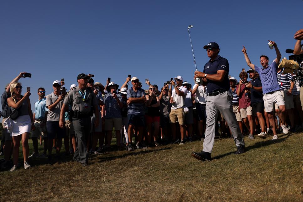 KIAWAH ISLAND, SOUTH CAROLINA - MAY 23: Phil Mickelson of the United States reacts to his shot on the 11th hole during the final round of the 2021 PGA Championship held at the Ocean Course of Kiawah Island Golf Resort on May 23, 2021 in Kiawah Island, South Carolina. (Photo by Patrick Smith/Getty Images)