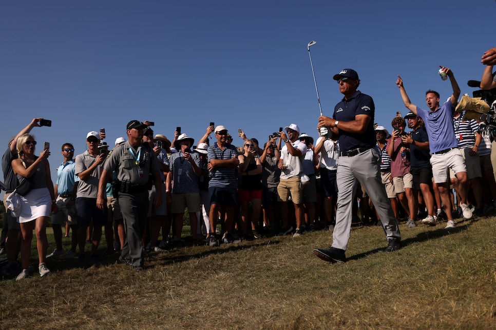 KIAWAH ISLAND, SOUTH CAROLINA - MAY 23: Phil Mickelson of the United States reacts to his shot on the 11th hole during the final round of the 2021 PGA Championship held at the Ocean Course of Kiawah Island Golf Resort on May 23, 2021 in Kiawah Island, South Carolina. (Photo by Patrick Smith/Getty Images)