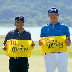 KASAOKA, JAPAN - MAY 30: Juvic Pagunsan (L) of the Philippines and Ryutaro Nagano (R) of Japan holding the Open pin flags pose for photographs at the award ceremony after earning an exemption into The 149th Open via the Mizuno Open at JFE Setonaikai Golf Club on May 30, 2021 in Kasaoka, Okayama, Japan. (Photo by Toru Hanai/R&A/R&A via Getty Images)