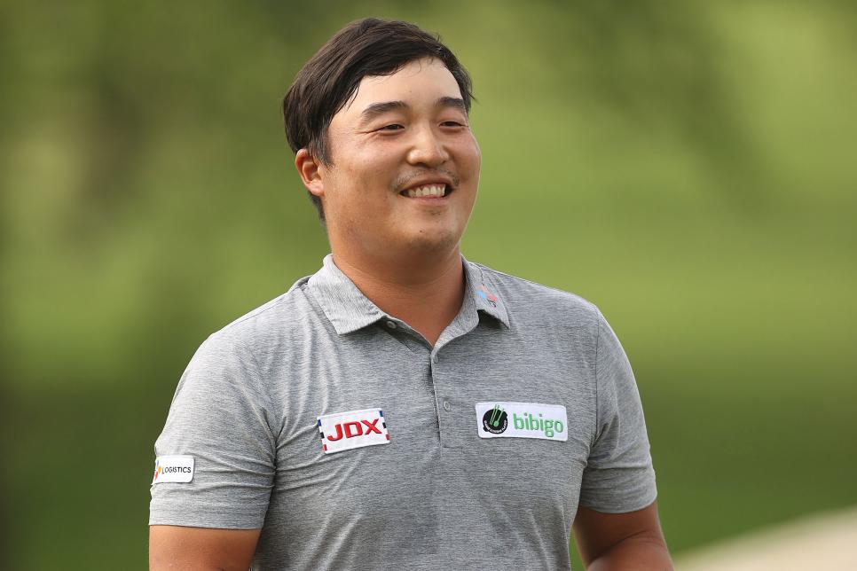 MCKINNEY, TEXAS - MAY 16: K.H. Lee of South Korea celebrates after winning the AT&T Byron Nelson at TPC Craig Ranch on May 16, 2021 in McKinney, Texas. Lee won the AT&T Byron Nelson playing -25 in the tournament. (Photo by Matthew Stockman/Getty Images)