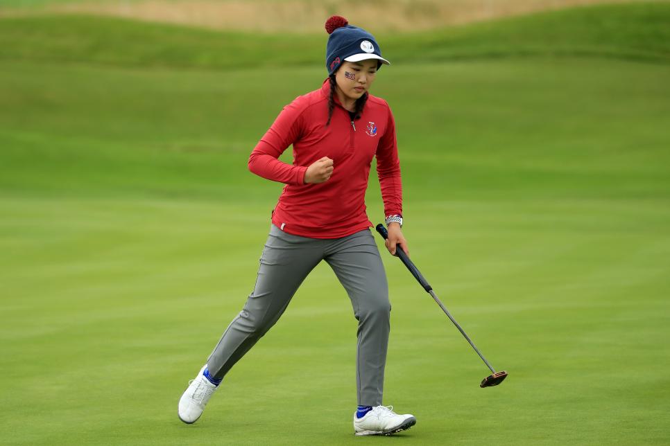 AUCHTERARDER, SCOTLAND - SEPTEMBER 11:  Lucy Li of Team USA celebrates after a putt meaning the match was halved during the PING Junior Solheim Cup during Preview Day 3 of The Solheim Cup at Gleneagles on September 11, 2019 in Auchterarder, Scotland. (Photo by Andrew Redington/WME IMG/WME IMG via Getty Images)