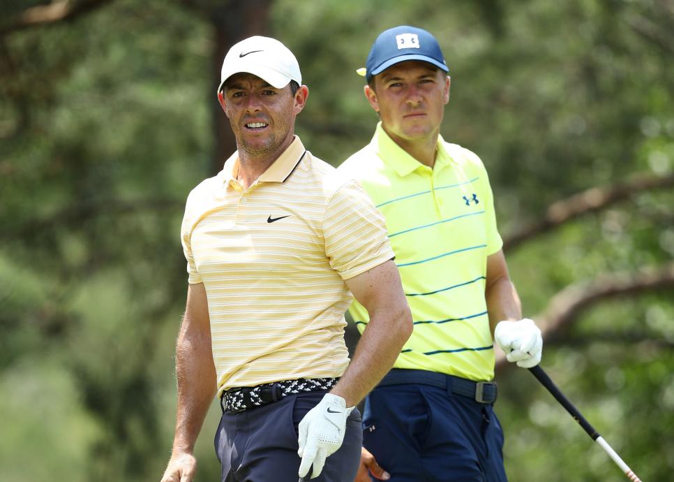 DUBLIN, OHIO - JULY 19: Rory McIlroy of Northern Ireland and Jordan Spieth of the United States look on from the second tee during the final round of The Memorial Tournament on July 19, 2020 at Muirfield Village Golf Club in Dublin, Ohio. (Photo by Jamie Squire/Getty Images)