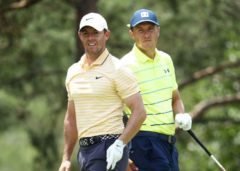 DUBLIN, OHIO - JULY 19: Rory McIlroy of Northern Ireland and Jordan Spieth of the United States look on from the second tee during the final round of The Memorial Tournament on July 19, 2020 at Muirfield Village Golf Club in Dublin, Ohio. (Photo by Jamie Squire/Getty Images)