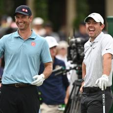 DUBLIN, OHIO - JUNE 04: Adam Scott of Australia and Rory McIlroy of Northern Ireland laugh together while waiting to play the 10th tee box during the second round of the Memorial Tournament presented by Nationwide at Muirfield Village Golf Club on June 4, 2021 in Dublin, Ohio. (Photo by Ben Jared/PGA TOUR via Getty Images)