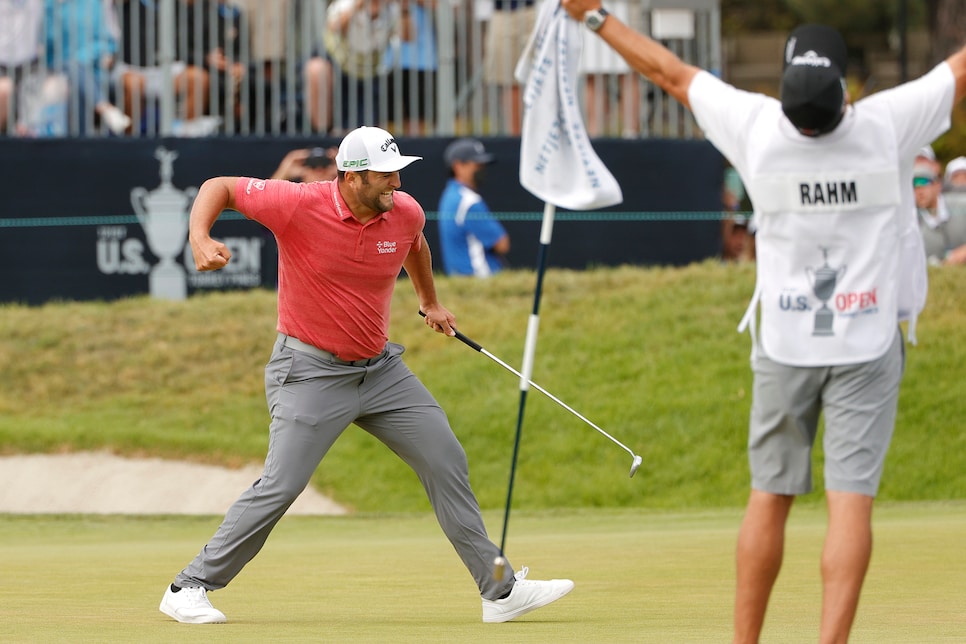 SAN DIEGO, CALIFORNIA - JUNE 20: Jon Rahm of Spain celebrates making a putt for birdie on the 18th green during the final round of the 2021 U.S. Open at Torrey Pines Golf Course (South Course) on June 20, 2021 in San Diego, California. (Photo by Ezra Shaw/Getty Images)