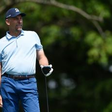 MADISON, WISCONSIN - JUNE 11: John Smoltz watches his tee shot on the second hole during the first round of the American Family Insurance Championship at University Ridge Golf Course on June 11, 2021 in Madison, Wisconsin. (Photo by Patrick McDermott/Getty Images)