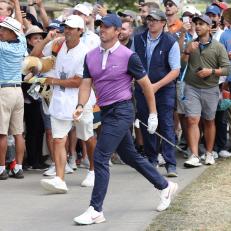 SAN DIEGO, CALIFORNIA - JUNE 19: Rory McIlroy of Northern Ireland follows his approach shot after taking a drop on the 15th hole during the third round of the 2021 U.S. Open at Torrey Pines Golf Course (South Course) on June 19, 2021 in San Diego, California. (Photo by Harry How/Getty Images)