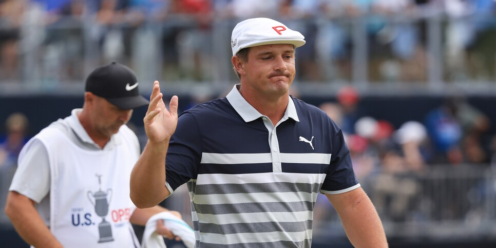 SAN DIEGO, CALIFORNIA - JUNE 20: Bryson DeChambeau of the United States waves as he walks off the 18th green during the final round of the 2021 U.S. Open at Torrey Pines Golf Course (South Course) on June 20, 2021 in San Diego, California. (Photo by Sean M. Haffey/Getty Images)