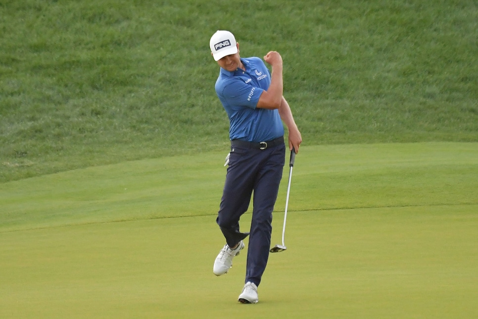 CROMWELL, CONNECTICUT - JUNE 27: Harris English of the United States celebrates his birdie putt on the 18th green in the eighth playoff hole to win the Travelers Championship against Kramer Hickok of the United States (not pictured) at TPC River Highlands on June 27, 2021 in Cromwell, Connecticut. (Photo by Drew Hallowell/Getty Images)