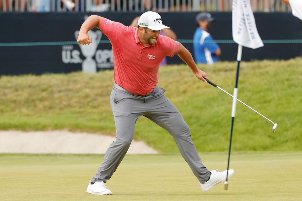 SAN DIEGO, CALIFORNIA - JUNE 20: Jon Rahm of Spain celebrates making a putt for birdie on the 18th green during the final round of the 2021 U.S. Open at Torrey Pines Golf Course (South Course) on June 20, 2021 in San Diego, California. (Photo by Ezra Shaw/Getty Images)