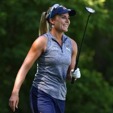 GRAND RAPIDS, MICHIGAN - JUNE 17: Lexi Thompson watches her tee shot on the seventh hole during round one of the Meijer LPGA Classic for Simply Give at Blythefield Country Club on June 17, 2021 in Grand Rapids, Michigan. (Photo by Gregory Shamus/Getty Images)