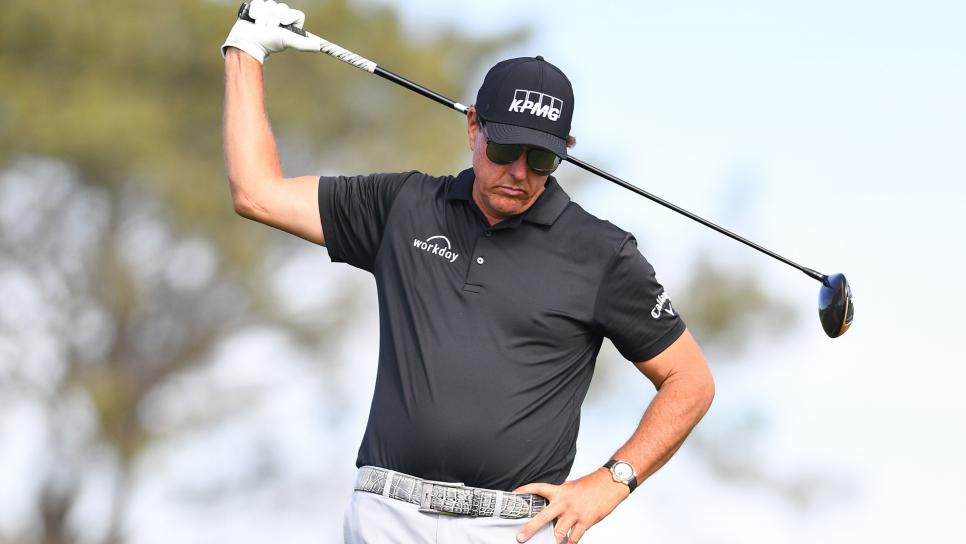 LA JOLLA, CA - JANUARY 31: Phil Mickelson looks on before his tee shot on 2nd hole on the South Course during the final round of the Farmers Insurance Open golf tournament at Torrey Pines Municipal Golf Course on January 31, 2021. The tournament was played without fans due to the COVID-19 pandemic. (Photo by Brian Rothmuller/Icon Sportswire via Getty Images)