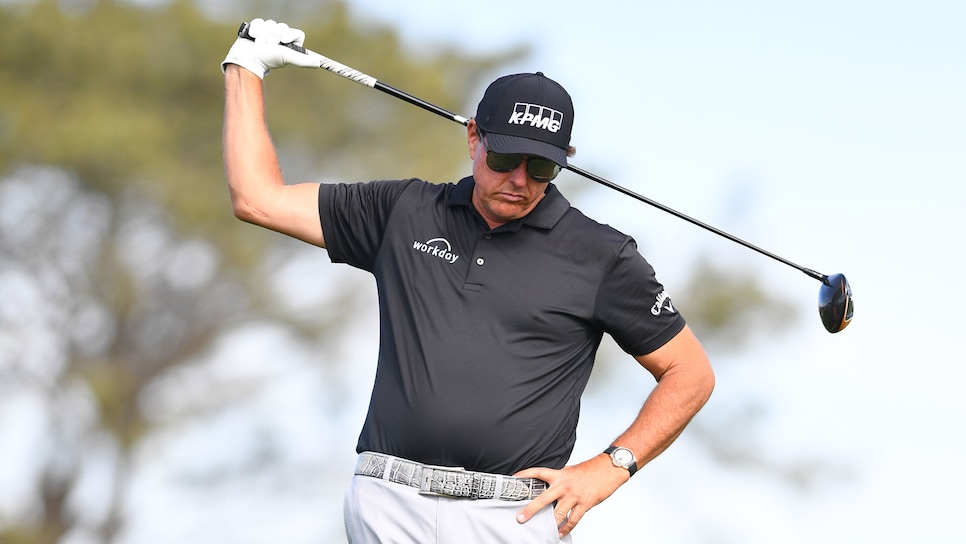 LA JOLLA, CA - JANUARY 31: Phil Mickelson looks on before his tee shot on 2nd hole on the South Course during the final round of the Farmers Insurance Open golf tournament at Torrey Pines Municipal Golf Course on January 31, 2021. The tournament was played without fans due to the COVID-19 pandemic. (Photo by Brian Rothmuller/Icon Sportswire via Getty Images)