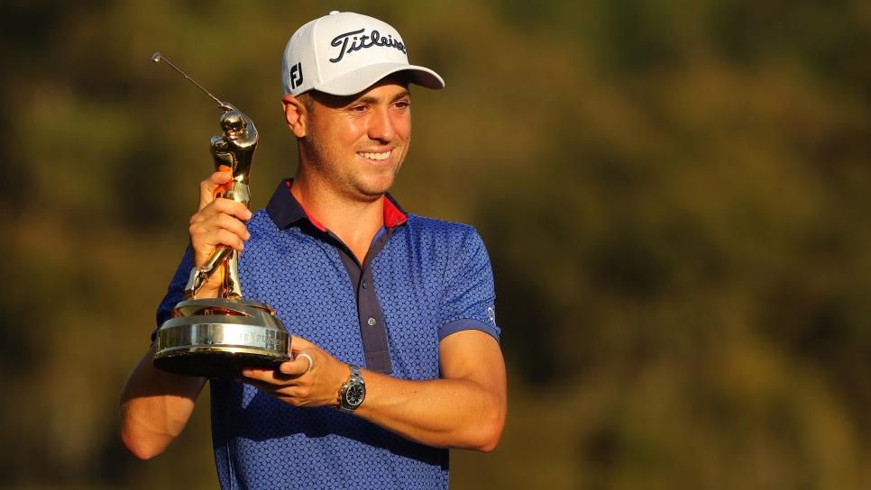 PONTE VEDRA BEACH, FLORIDA - MARCH 14: Justin Thomas of the United States celebrates with the trophy after winning during the final round of THE PLAYERS Championship on THE PLAYERS Stadium Course at TPC Sawgrass on March 14, 2021 in Ponte Vedra Beach, Florida. (Photo by Kevin C. Cox/Getty Images)