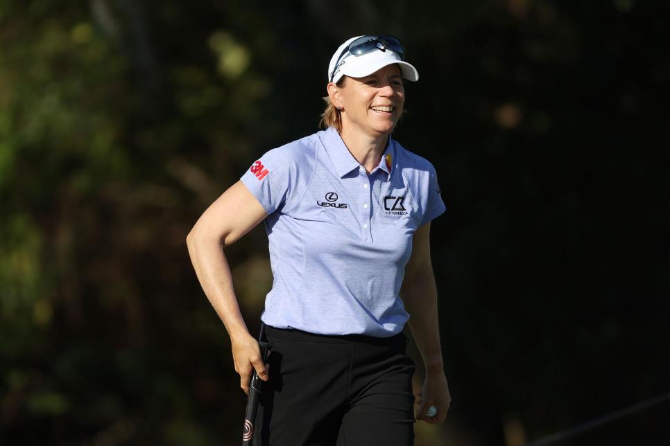 ORLANDO, FLORIDA - FEBRUARY 25: Annika Sorenstam of Sweden reacts after almost holing out on the 14th during the first round of the Gainnbridge LPGA at Lake Nona Golf and Country Club on February 25, 2021 in Orlando, Florida. (Photo by Cliff Hawkins/Getty Images)