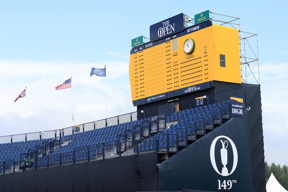 SANDWICH, ENGLAND - JULY 12: A general view of the 18th scoreboard during a practice round ahead of The 149th Open at Royal St George’s Golf Club on July 12, 2021 in Sandwich, England. (Photo by Chris Trotman/Getty Images)