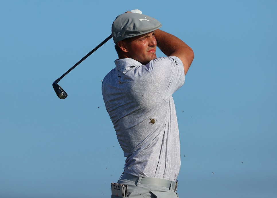 SANDWICH, ENGLAND - JULY 16: Bryson DeChambeau of the United States on the 18th tee during Day Two of The 149th Open at Royal St George’s Golf Club on July 16, 2021 in Sandwich, England. (Photo by Andrew Redington/Getty Images)