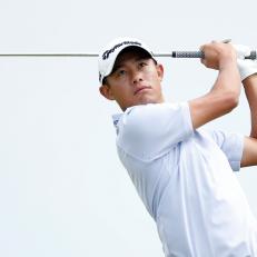 SANDWICH, ENGLAND - JULY 13: Collin Morikawa of the United States tees off on the 8th during a practice round ahead of The 149th Open at Royal St Georgeâ  s Golf Club on July 13, 2021 in Sandwich, England. (Photo by Oisin Keniry/Getty Images)