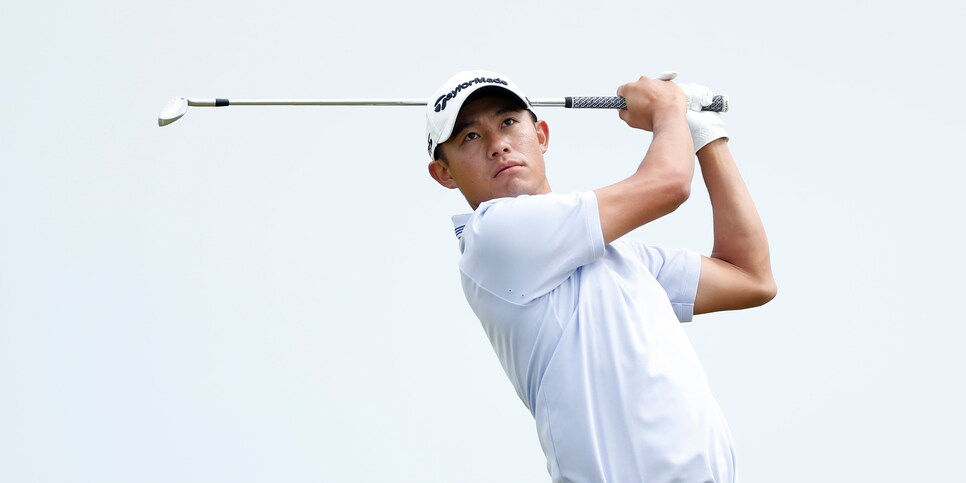 SANDWICH, ENGLAND - JULY 13: Collin Morikawa of the United States tees off on the 8th during a practice round ahead of The 149th Open at Royal St Georgeâ  s Golf Club on July 13, 2021 in Sandwich, England. (Photo by Oisin Keniry/Getty Images)