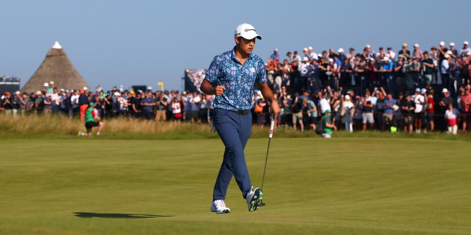 SANDWICH, ENGLAND - JULY 18: Collin Morikawa of United States celebrates after he putts on the 14th green  during Day Four of The 149th Open at Royal St Georgeâ  s Golf Club on July 18, 2021 in Sandwich, England. (Photo by Warren Little/R&A/R&A via Getty Images)
