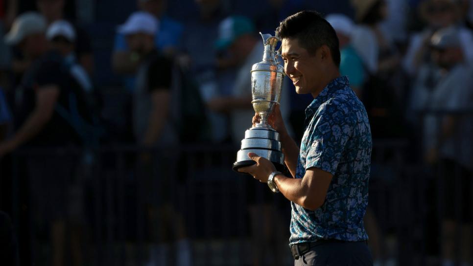 SANDWICH, ENGLAND - JULY 18: Open Champion, Collin Morikawa of United States poses with the Claret Jug on the 18th hole during Day Four of The 149th Open at Royal St George’s Golf Club on July 18, 2021 in Sandwich, England. (Photo by Chris Trotman/Getty Images)