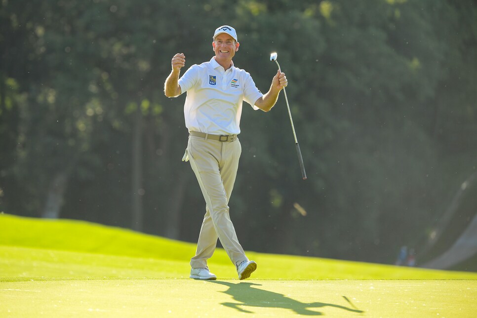 OMAHA, NEBRASKA - JULY 11: Jim Furyk of the United States reacts after his putt on the 18th hole during the final round of the U.S. Senior Open Championship at the Omaha Country Club  on July 11, 2021 in Omaha, Nebraska. (Photo by Quinn Harris/Getty Images)