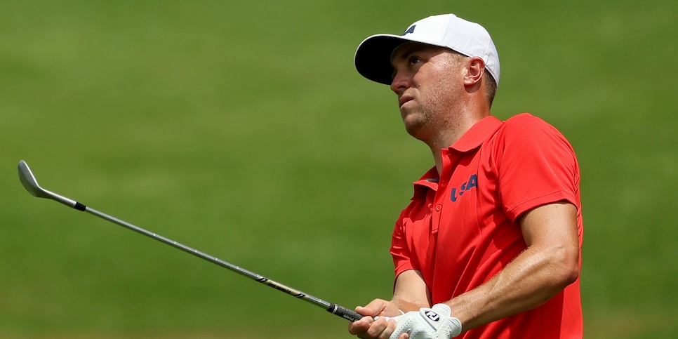 TOKYO, JAPAN - JULY 26: Justin Thomas of Team USA practices at Kasumigaseki Country Club ahead of the Tokyo Olympic Games on July 26, 2021 in Tokyo, Japan. (Photo by Mike Ehrmann/Getty Images)