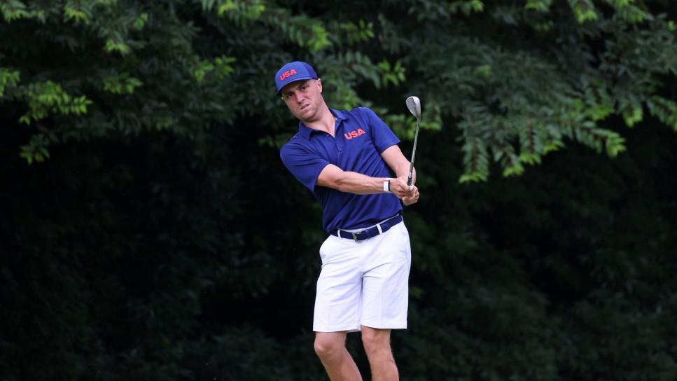 TOKYO, JAPAN - JULY 27: Justin Thomas of Team USA plays during a practice round at Kasumigaseki Country Club ahead of the Tokyo Olympic Games on July 27, 2021 in Tokyo, Japan. (Photo by Chris Trotman/Getty Images)