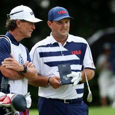 KAWAGOE, JAPAN - JULY 29: Patrick Reed of Team United States talks with his caddie and swing coach Kevin Kirk during the first round of the Men's Individual Stroke Play on day six of the Tokyo 2020 Olympic Games at Kasumigaseki Country Club on July 29, 2021 in Kawagoe, Saitama, Japan. (Photo by Mike Ehrmann/Getty Images)