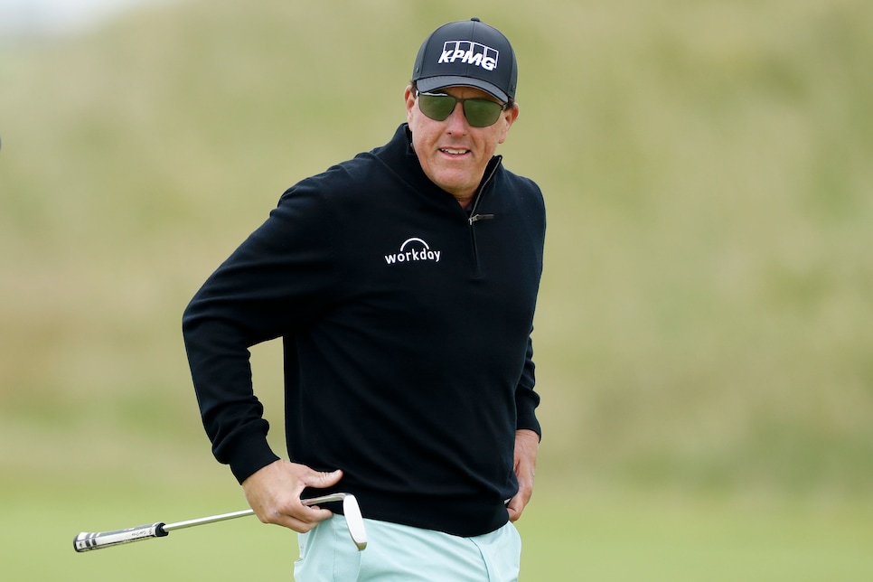 SANDWICH, ENGLAND - JULY 14: Phil Mickelson of the United States looks on during a practice round ahead of The 149th Open at Royal St George’s Golf Club on July 14, 2021 in Sandwich, England. (Photo by Oisin Keniry/Getty Images)