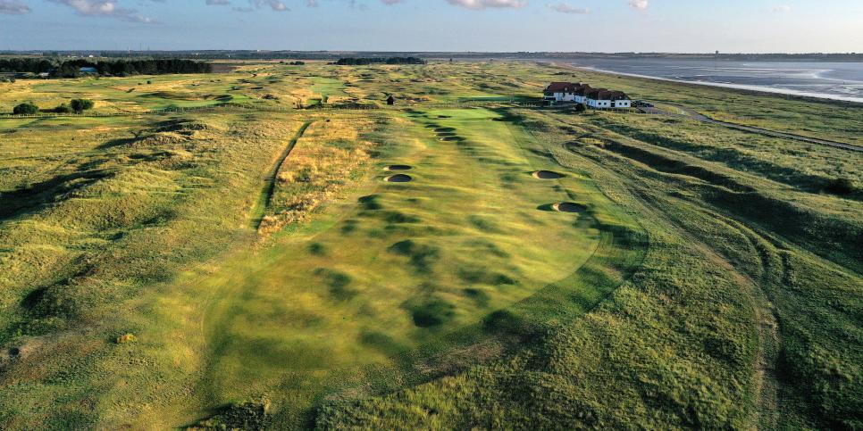 SANDWICH, ENGLAND - JULY 20: An aerial view of the par 4, 13th hole at the host venue for the 2021 Open Championship at The Royal St. George's Golf Club on July 20, 2020 in Sandwich, England. (Photo by David Cannon/Getty Images)