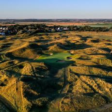 SANDWICH, ENGLAND - JULY 20: An aerial view of the par 3, sixth hole, the host venue for the 2021 Open Championship at The Royal St. George's Golf Club on July 20, 2020 in Sandwich, England. (Photo by David Cannon/Getty Images)