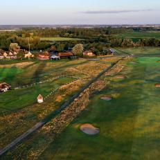 SANDWICH, ENGLAND - JULY 20: An aerial view of the par 4, 18th hole with the first tee and clubhouse area at the host venue for the 2021 Open Championship at The Royal St. George's Golf Club on July 20, 2020 in Sandwich, England. (Photo by David Cannon/Getty Images)