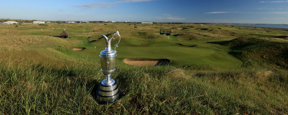 SANDWICH, ENGLAND - MAY 18: The Claret Jug photographed from the "Maidens' hill above the par 3, sixth green at the host venue for the The Open to be held at Royal St Georgeâ  s Golf Club on May 18, 2021 in Sandwich, England. (Photo by David Cannon/R&A/R&A via Getty Images)