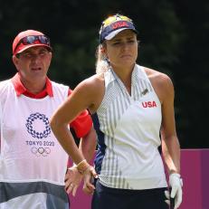 KAWAGOE, JAPAN - AUGUST 04: Lexi Thompson of Team United States and and caddie Jack Fulghum wait on the sixth tee during the first round of the Women's Individual Stroke Play on day twelve of the Tokyo 2020 Olympic Games at Kasumigaseki Country Club on August 04, 2021 in Kawagoe, Japan. (Photo by Chris Trotman/Getty Images)